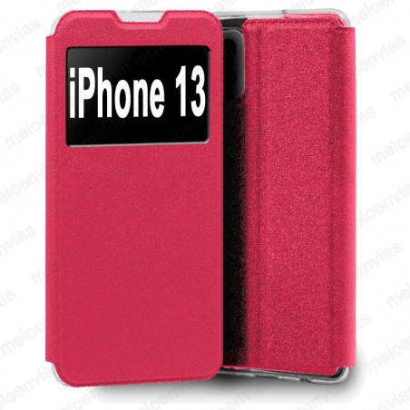 Funda para Apple iPhone 13 carcasa de cuero tipo libro funcion soporte con ventana y cierre de iman Color Fucsia