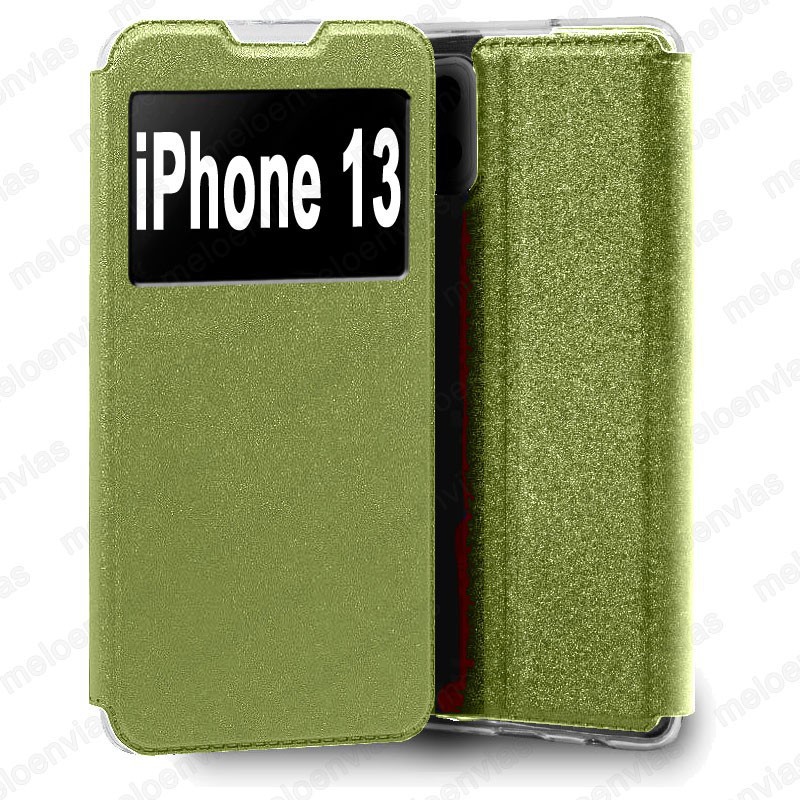Funda para Apple iPhone 13  carcasa de cuero tipo libro funcion soporte con ventana y cierre de iman Color Dorado