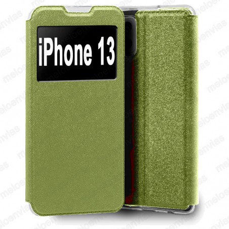 Funda para Apple iPhone 13 carcasa de cuero tipo libro funcion soporte con ventana y cierre de iman Color Dorado