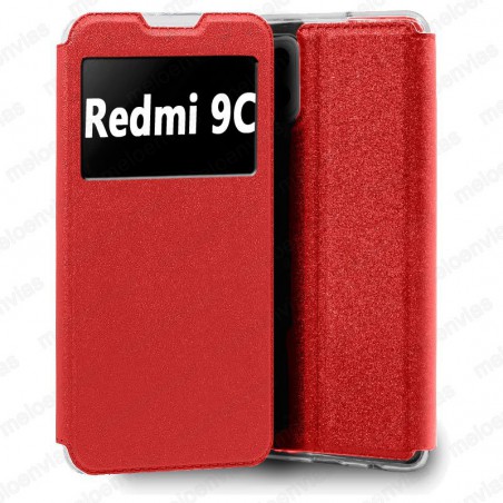 Funda para Xiaomi Redmi 9C carcasa de cuero tipo libro funcion soporte con ventana y cierre de iman Color Rojo