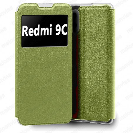 Funda para Xiaomi Redmi 9C carcasa de cuero tipo libro funcion soporte con ventana y cierre de iman Color Dorado