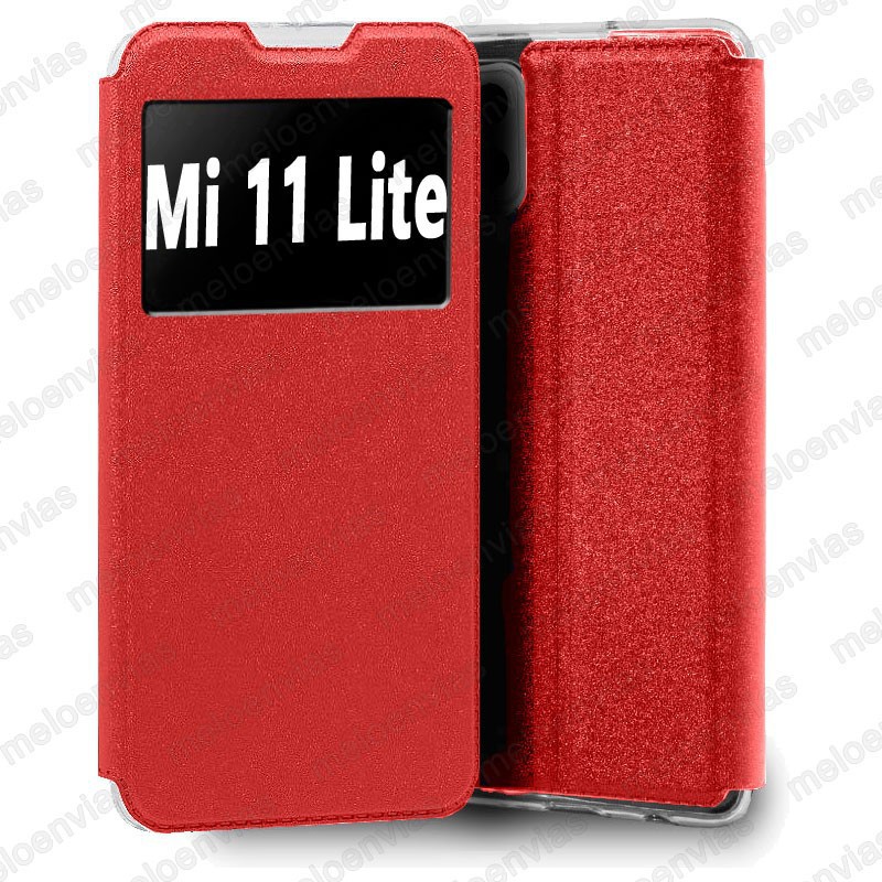 Funda para Xiaomi Mi 11 Lite carcasa de cuero tipo libro funcion soporte con ventana y cierre de iman Color Rojo