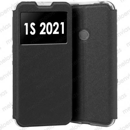 Funda para Alcatel 1S 2021 carcasa de cuero tipo libro funcion soporte con ventana y cierre de iman Color Negro