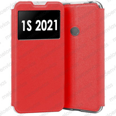 Funda para Alcatel 1S 2021 carcasa de cuero tipo libro funcion soporte con ventana y cierre de iman Color Rojo