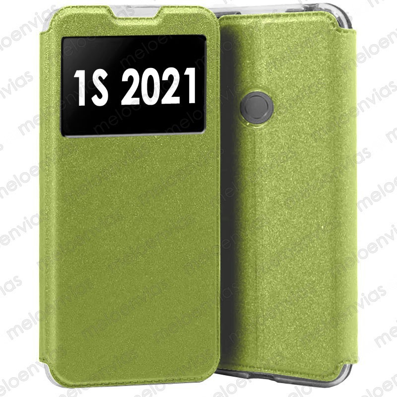 Funda para Alcatel 1S 2021 carcasa de cuero tipo libro funcion soporte con ventana y cierre de iman Color Dorado