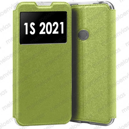 Funda para Alcatel 1S 2021 carcasa de cuero tipo libro funcion soporte con ventana y cierre de iman Color Dorado