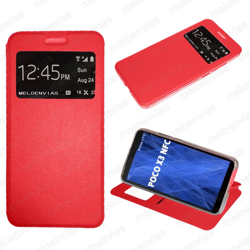 Funda para Xiaomi Poco X3 Pro carcasa de cuero tipo libro funcion soporte con ventana y cierre de iman Color Rojo
