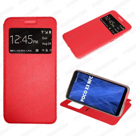 Funda para Xiaomi Poco X3 Pro carcasa de cuero tipo libro funcion soporte con ventana y cierre de iman Color Rojo