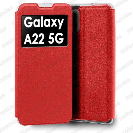 Funda para Samsung Galaxy A22 5G carcasa de cuero tipo libro funcion soporte con ventana y cierre de iman Color Rojo