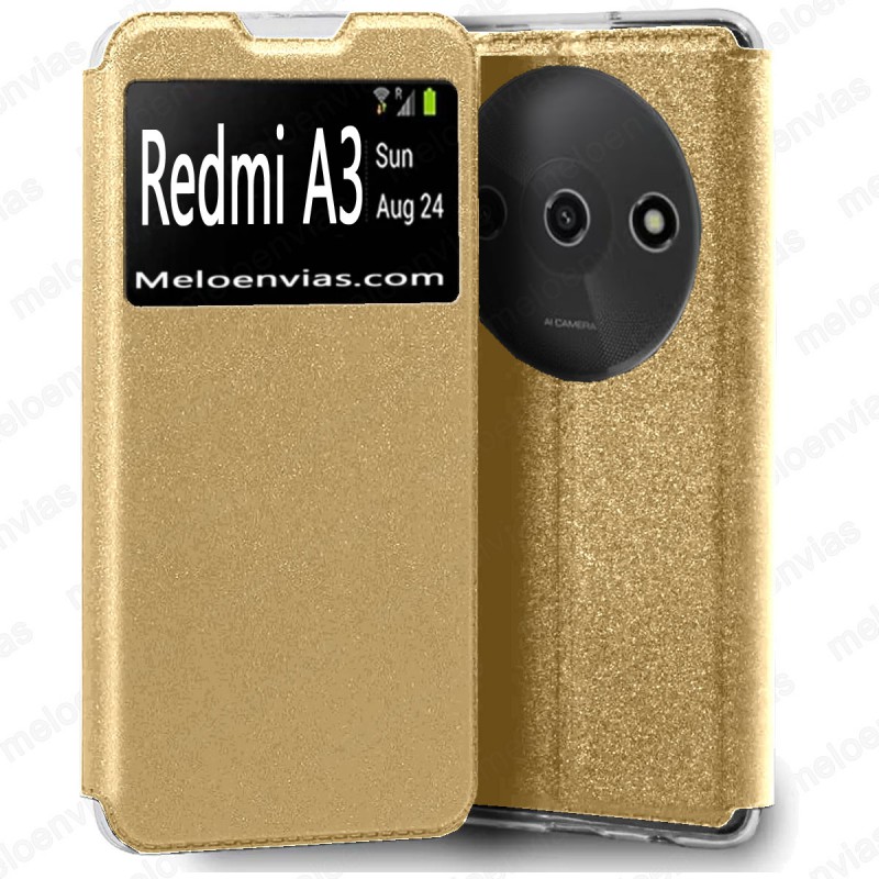 Funda Xiaomi Redmi A3 Carcasa Estuche Tipo Libro Con Tapa y Ventana Color Dorado