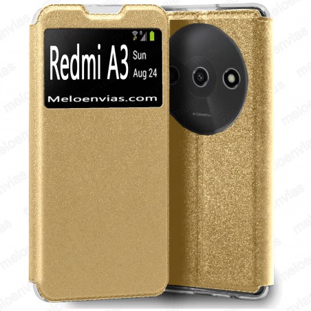 Funda Xiaomi Redmi A3 Carcasa Estuche Tipo Libro Con Tapa y Ventana Color Dorado