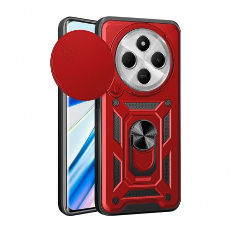 Funda Xiaomi Redmi 14C Carcasa Armadura, Antigolpes Armor, Color Negro, Anilla Giratoria, Tapa Camara Deslizante Color Rojo
