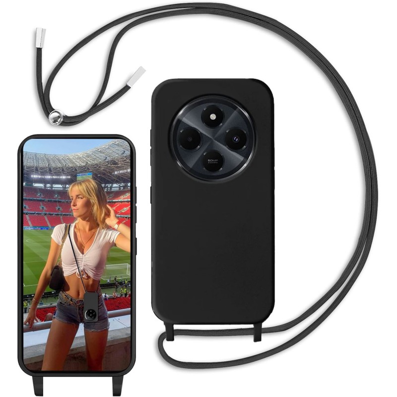 Funda Carcasa Xiaomi Redmi 14C con Cuerda Ajustable, Silicona Resistente a Golpes con Cordón Colgante Antideslizante Negro