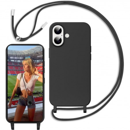 Funda iPhone 16 6.1 con Cuerda Ajustable, Silicona Negra de Alta Calidad