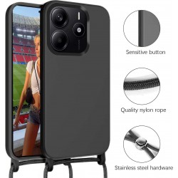 Funda con Cuerda para Xiaomi Redmi Note 14 5G, Carcasa Silicona Líquida Correa Colgante Ajustable Collar Cuello Cordón, Negro
