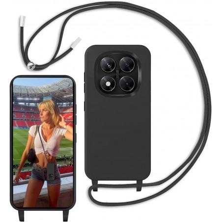 Funda con Cuerda para Xiaomi Redmi Note Pro 14 5G, Carcasa Silicona Correa Colgante Ajustable Collar Cuello Cordón, Negro