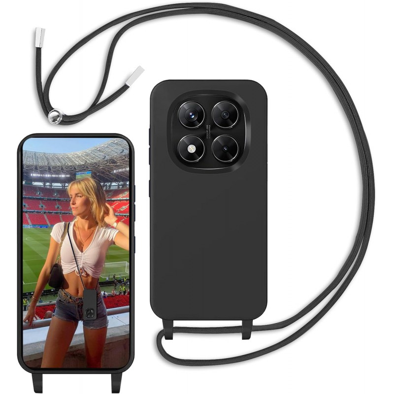 Funda con Cuerda para Xiaomi Poco X7 5G, Carcasa Silicona Correa Colgante Ajustable Collar Cuello Cordón, Negro