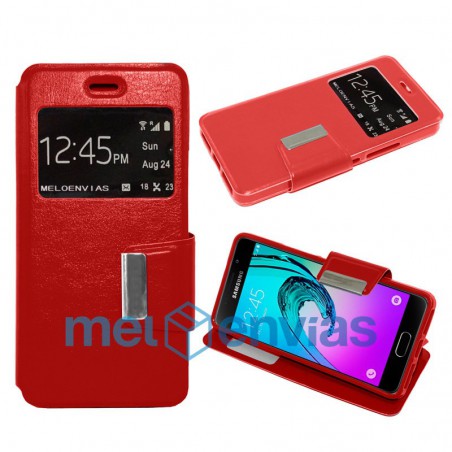 Funda carcasa de cuero tipo libro para Samsung Galaxy A3 A310 (2016) funcion soporte con ventana y cierre de iman Color Rojo