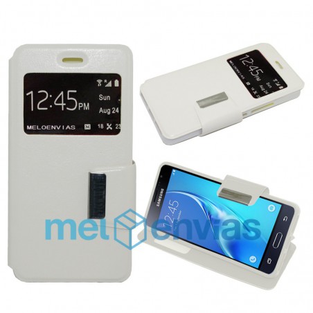 Funda carcasa de cuero tipo libro para Samsung Galaxy J3 funcion soporte con ventana y cierre de iman Color Blanco
