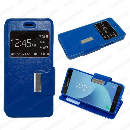 Funda carcasa de cuero tipo libro para Samsung Galaxy J5 2017 funcion soporte con ventana y cierre de iman Color Azul