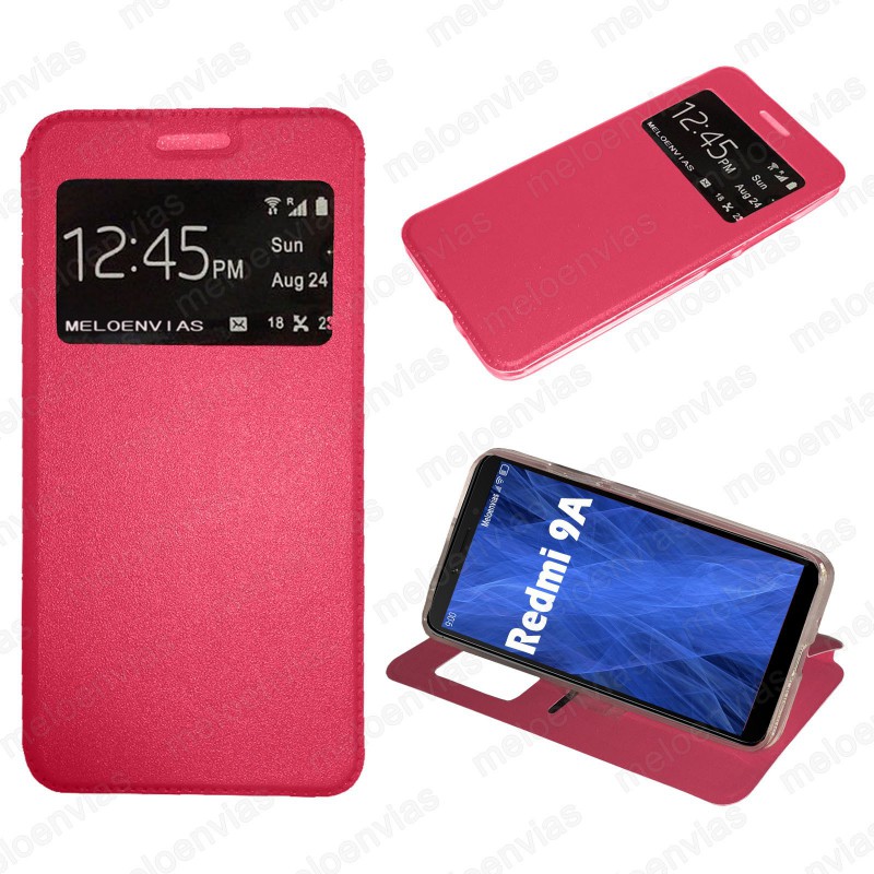 Funda para Xiaomi Redmi 9A carcasa de cuero tipo libro funcion soporte con ventana y cierre de iman Color Fucsia