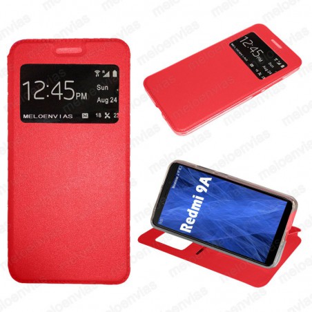 Funda para Xiaomi Redmi 9A carcasa de cuero tipo libro funcion soporte con ventana y cierre de iman Color Rojo