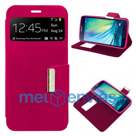 Funda carcasa de cuero tipo libro para Samsung Galaxy A3 A300FU funcion soporte con ventana y cierre con iman Color Fucsia
