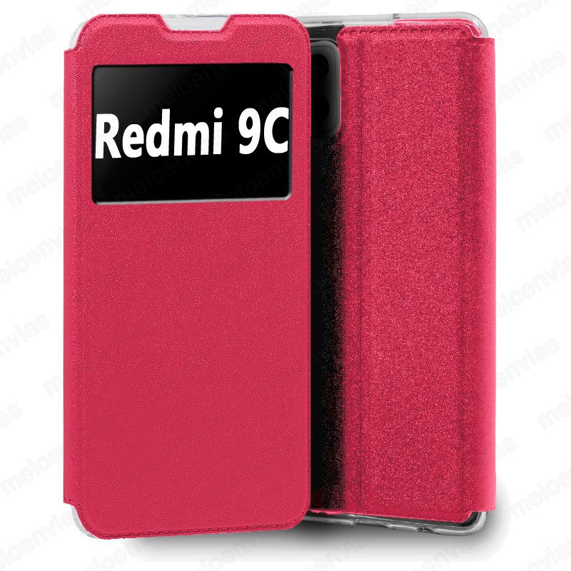 Funda para Xiaomi Redmi 9C carcasa de cuero tipo libro funcion soporte con ventana y cierre de iman Color Fucsia