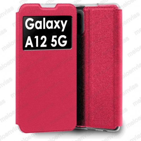 Funda para Samsung Galaxy A12 4G / 5G carcasa de cuero tipo libro funcion soporte con ventana y cierre de iman Color Fucsia