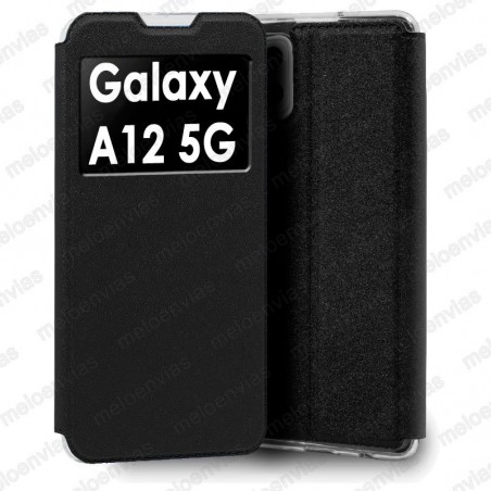 Funda para Samsung Galaxy A12 4G / 5G carcasa de cuero tipo libro funcion soporte con ventana y cierre de iman Color Negro