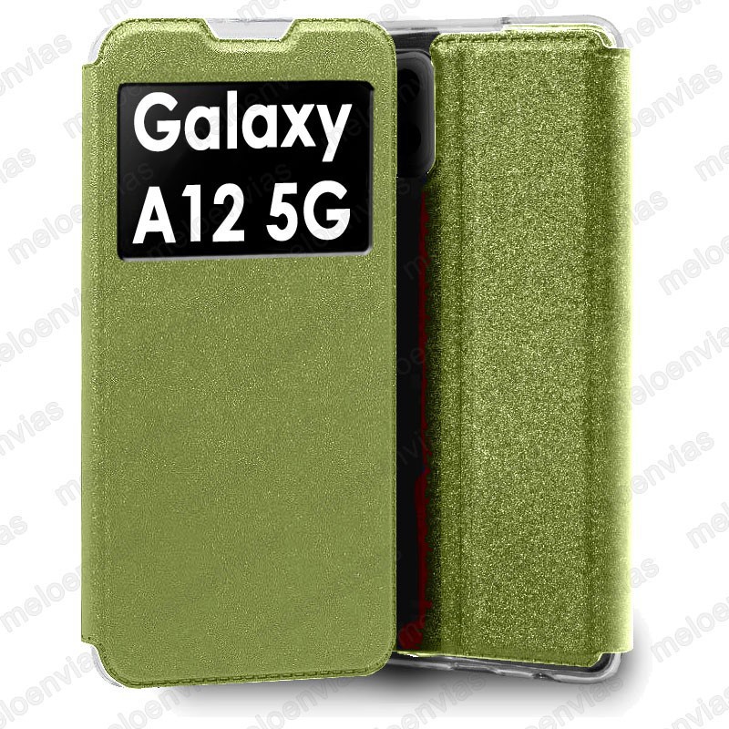 Funda para Samsung Galaxy A12 4G / 5G carcasa de cuero tipo libro funcion soporte con ventana y cierre de iman Color Dorado