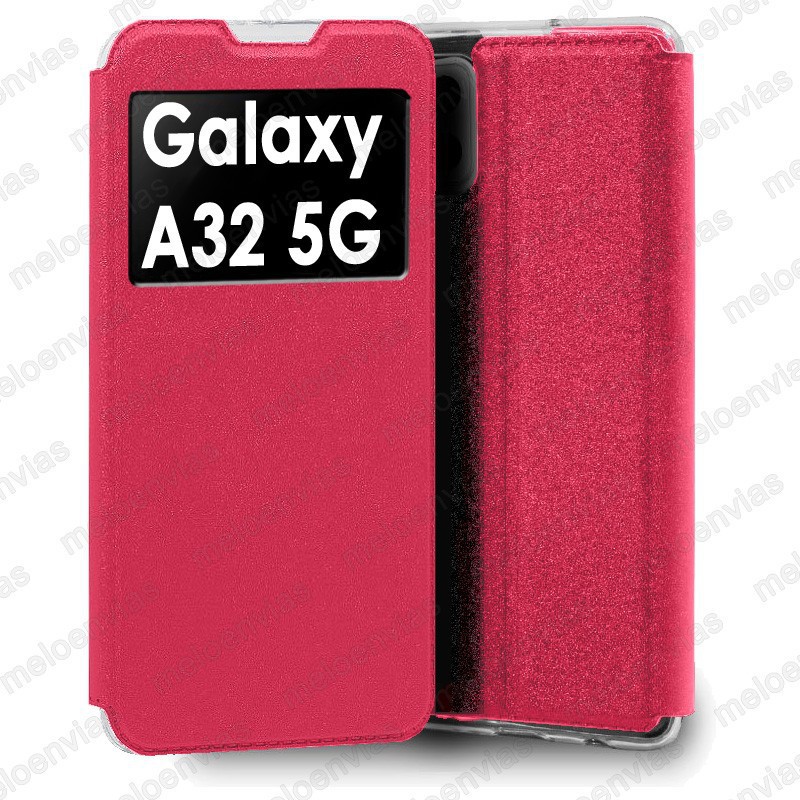 Funda para Samsung Galaxy A32 5G carcasa de cuero tipo libro funcion soporte con ventana y cierre de iman Color Fucsia