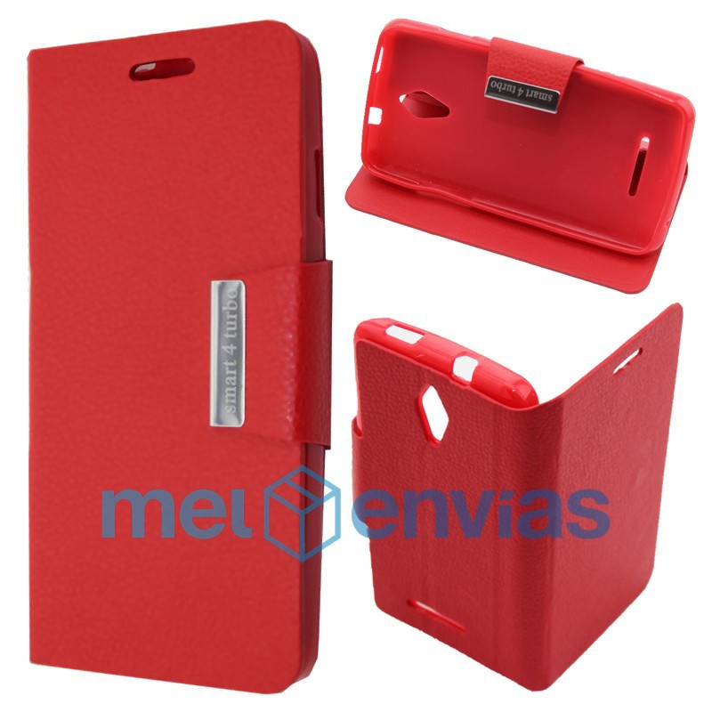 Funda carcasa de cuero tipo libro para Vodafone Alcatel Smart 4 Turbo funcion soporte y cierre con iman Color Rojo