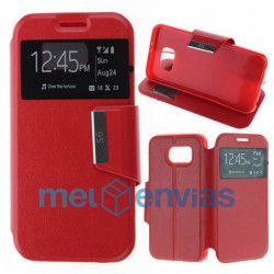 Funda carcasa de cuero tipo libro para Samsung Galaxy S6 G920F funcion soporte con ventana y cierre de iman Color Rojo