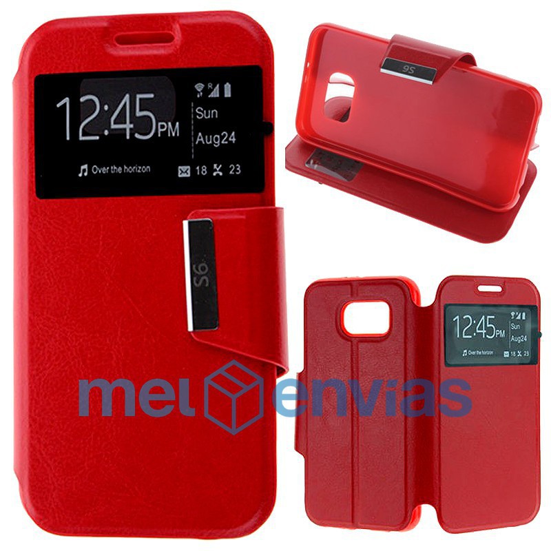 Funda carcasa cuero tipo libro para Samsung Galaxy S6 EDGE G925F funcion soporte con ventana cierre de iman Color Rojo