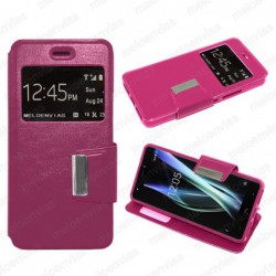 Funda carcasa de cuero tipo libro para BQ Aquaris X / X Pro funcion soporte con ventana y cierre de iman Color Fucsia